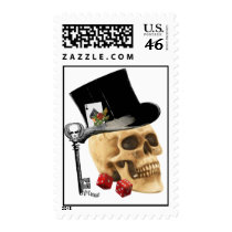 Gothic gambler skull tattoo design postage stamp