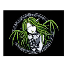 Gothic Green Bat Fairy Art Postcard