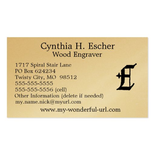 Gothic Letter "E" Classic English Initial Business Card Template (back side)