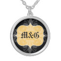 Gothic letter monogram initial yellow black emblem necklace
