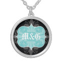 Gothic letter monogram initials blue black emblem necklace