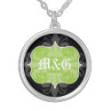 Gothic letter monogram initials green black emblem necklace