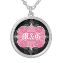 Gothic letter monogram initials pink black emblem necklace