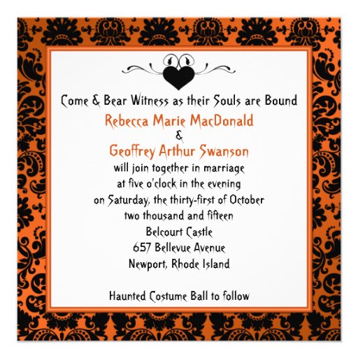 Gothic Orange and Black Damask Wedding Invitation
