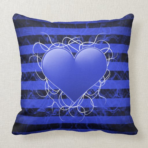Gothic punk emo blue heart with black stripes throw pillow