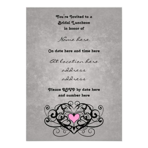 Gothic romance swirls and hearts bridal luncheon personalized invites