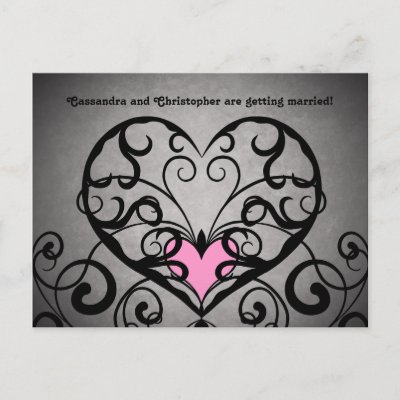 Gothic romance swirls and hearts save the date post card