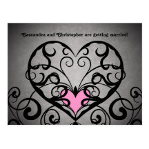 Gothic romance swirls and hearts save the date post card