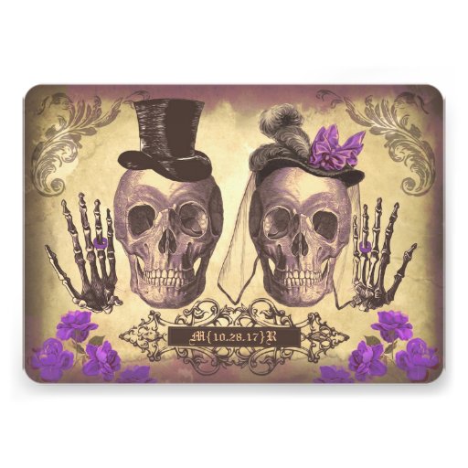 Gothic Skull Couple Day of The Dead Wedding purple Invite