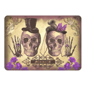 Gothic Skull Couple Day of The Dead Wedding purple 5x7 Paper Invitation Card