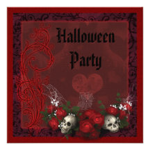 Gothic Skulls & Roses Black & Red Halloween Custom Invites
