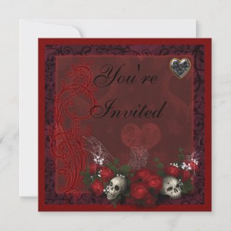 Gothic Skulls Roses & Hearts Black & Red Birthday zazzle_invitation