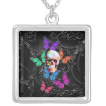 Gothic sugar skull & butterflies personalized necklace
