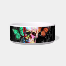 Gothic sugar skull & butterflies pet water bowls