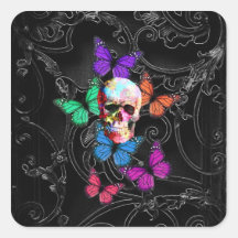 Gothic sugar skull & butterflies square stickers