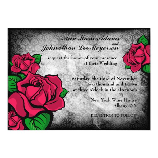 Gothic Tattoo Roses on Damask Background Invite