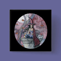 Gothic Witch Cat Halloween Button, Pin