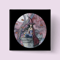 Gothic Witch Cat Halloween Button, Pin