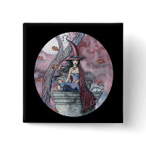 Gothic Witch Cat Halloween Button, Pin