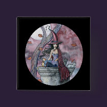 Gothic Witch Cat Halloween Button, Pin buttons
