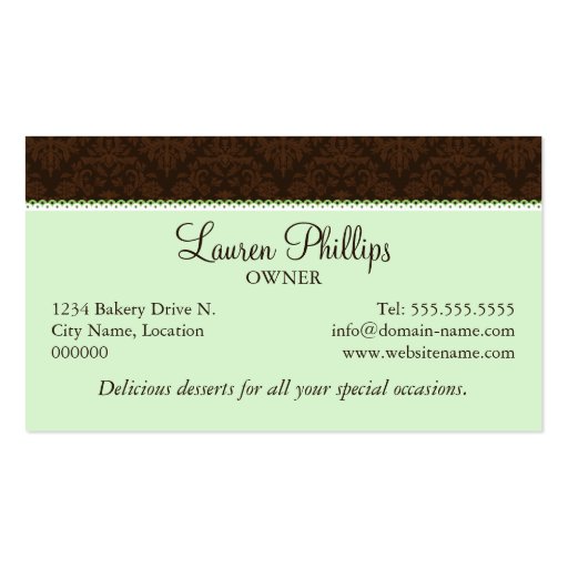Gourmet Cupcake in Mint Bakery Business Cards (back side)