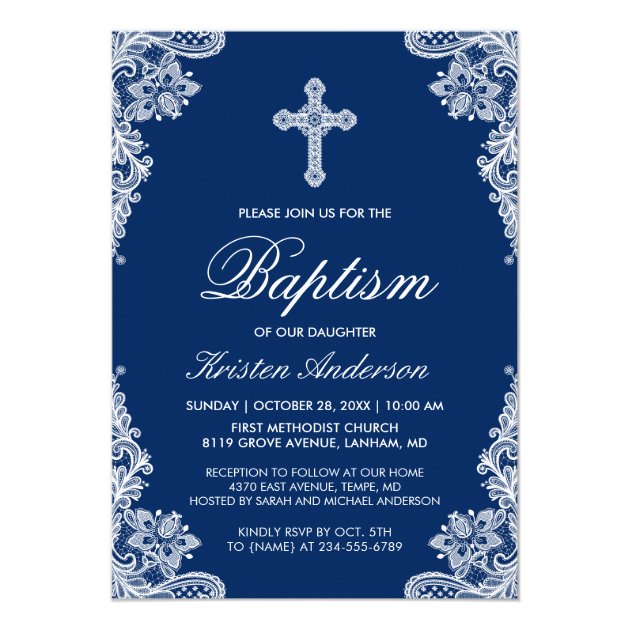 Graceful Navy Blue Lace Cross Baptism Photo Invite (front side)