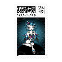 swallow, tattoo, big, eyed, fantasy, fairy, faery, fae, faerie, fairies, couture, corset, teal, myka, jelina, postage, fairie, stamps, art, characters, Frimærke med brugerdefineret grafisk design