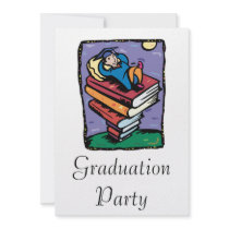 Graduate on stack of books personalized invitations