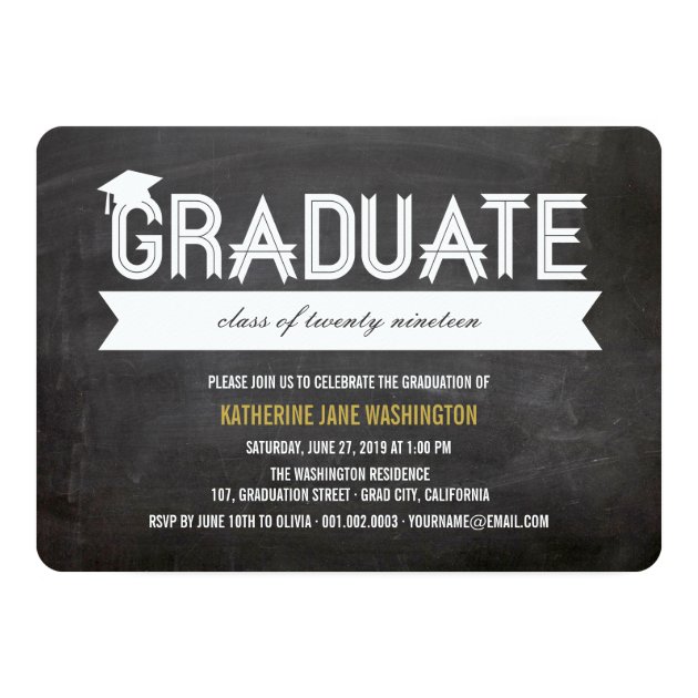 Graduate Simple Ribbon Chalkboard Party Invite (front side)