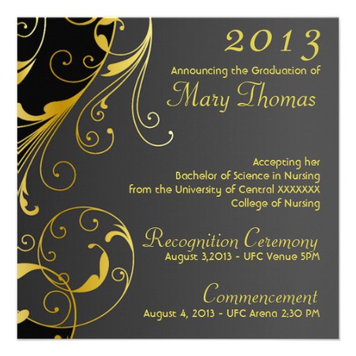 Graduation Announcement in Gold and Black (front side)