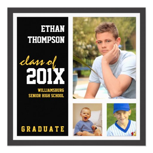 Graduation Announcement with 3 Photos Black Gold (front side)