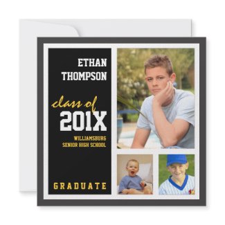 Graduation Announcement with 3 Photos Black Gold zazzle_invitation