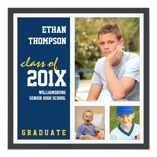 Graduation Announcement with 3 Photos Navy Gold
