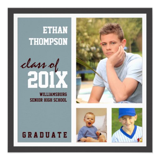 Graduation Announcement with 3 Photos Steel Blue (front side)