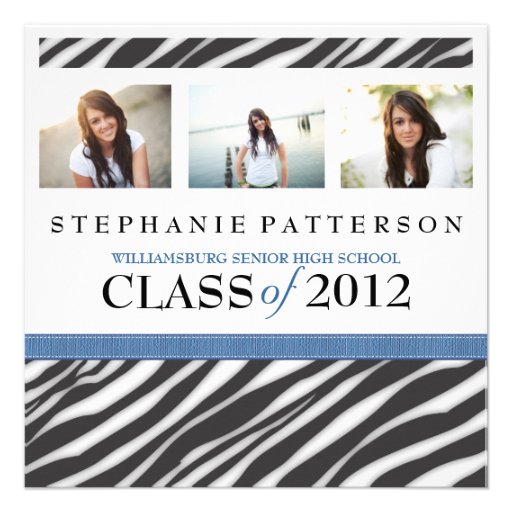 Graduation Glamour Girl Zebra Print with Blue Personalized Announcement (front side)
