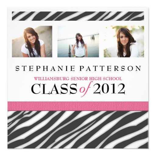 Graduation Glamour Girl Zebra Print with Hot Pink Custom Announcements (front side)