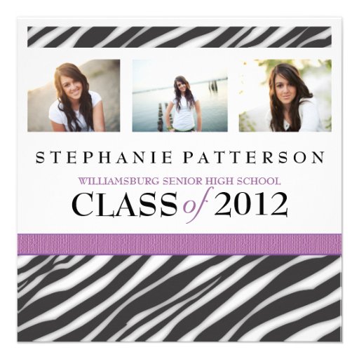 Graduation Glamour Girl Zebra Print with Purple Personalized Invite (front side)