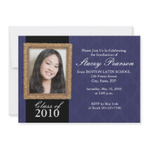 Graduation Invitation - Gold Frame & Damask - Blue