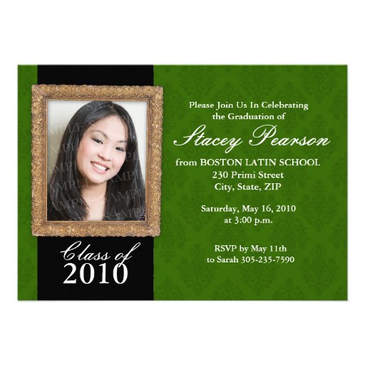 Graduation Invitation - Gold Frame & Damask- Green