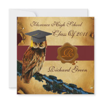 GRADUATION OWL PARCHMENT BROWN WAX SEAL MONOGRAM PERSONALIZED INVITES