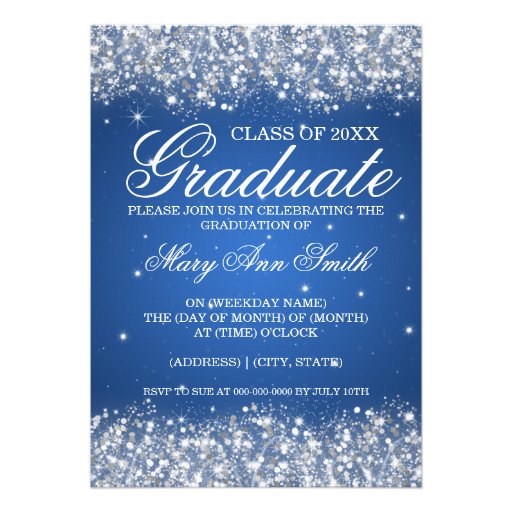 Graduation Party Sparkling Glitter Blue Personalized Invites (front side)