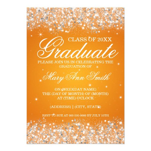 Graduation Party Sparkling Glitter Orange Personalized Announcements (front side)