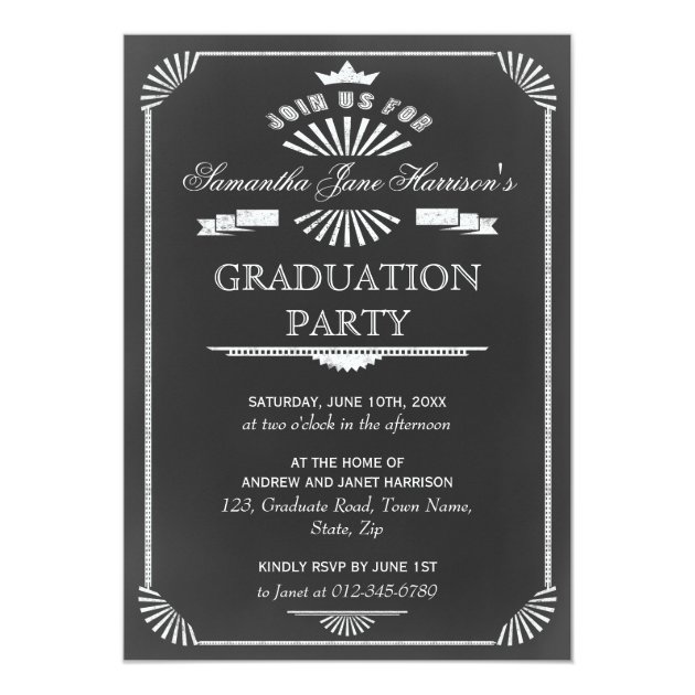 Graduation Party Vintage Chalkboard Art Deco 5x7 Paper Invitation Card