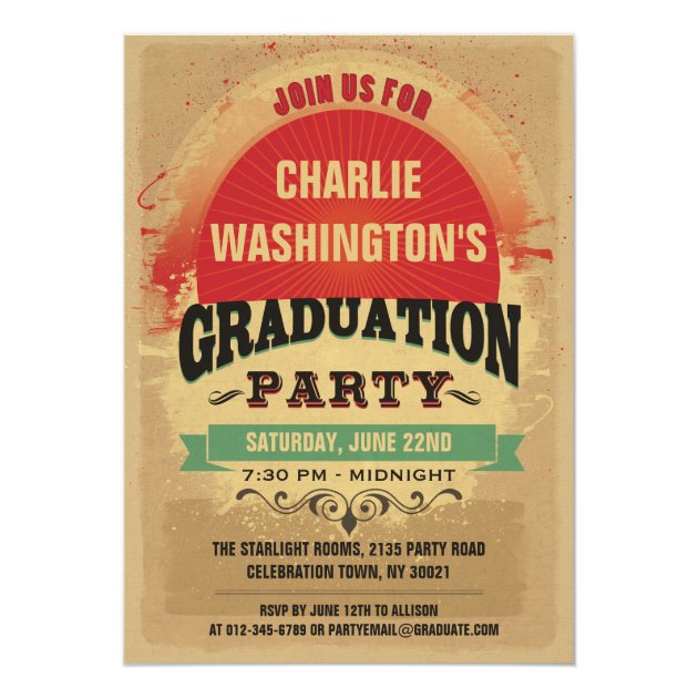 Graduation Party Vintage Typography Grunge 5x7 Paper Invitation Card (front side)