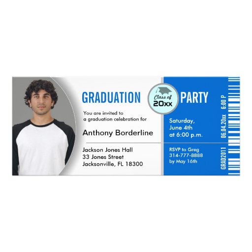 Graduation Ticket Party Invitation TKT313 Blue (front side)