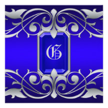 Grand Duchess Blue Jewel Silver Scroll Invitation