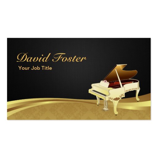 Grand Piano Pianist Elegant Black Gold Damask Business Card Template (front side)