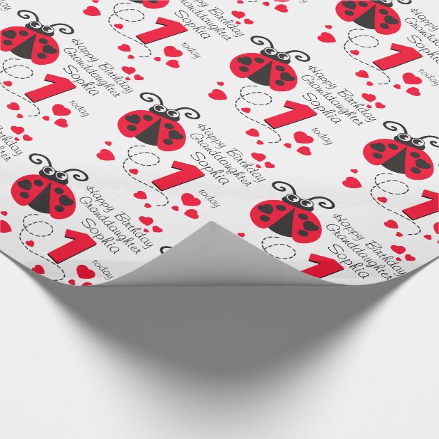 Granddaughter name ladybug 1st birthday wrap wrapping paper 4/4