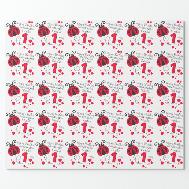 Granddaughter name ladybug 1st birthday wrap wrapping paper 2/4