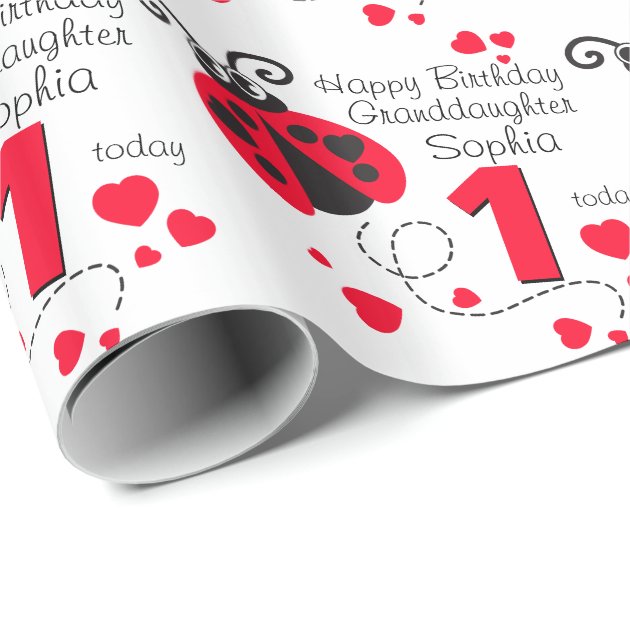 Granddaughter name ladybug 1st birthday wrap wrapping paper 3/4